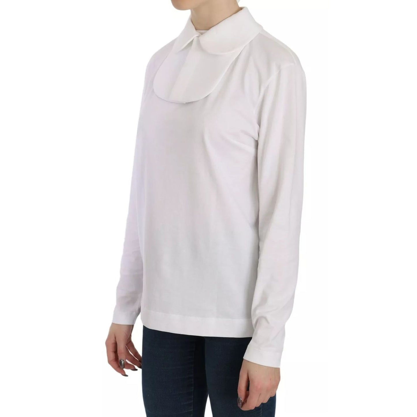 Dolce & Gabbana White Cotton Longsleeve Collared Blouse featuring a classic design with logo details over a model wearing jeans.