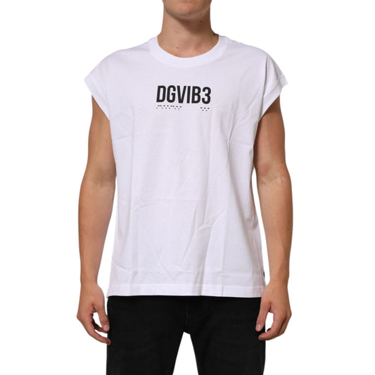 Dolce & Gabbana White Cotton Sleeveless Printed Tank T-shirt featuring logo detail, regular fit, made in Italy, modeled by a person.