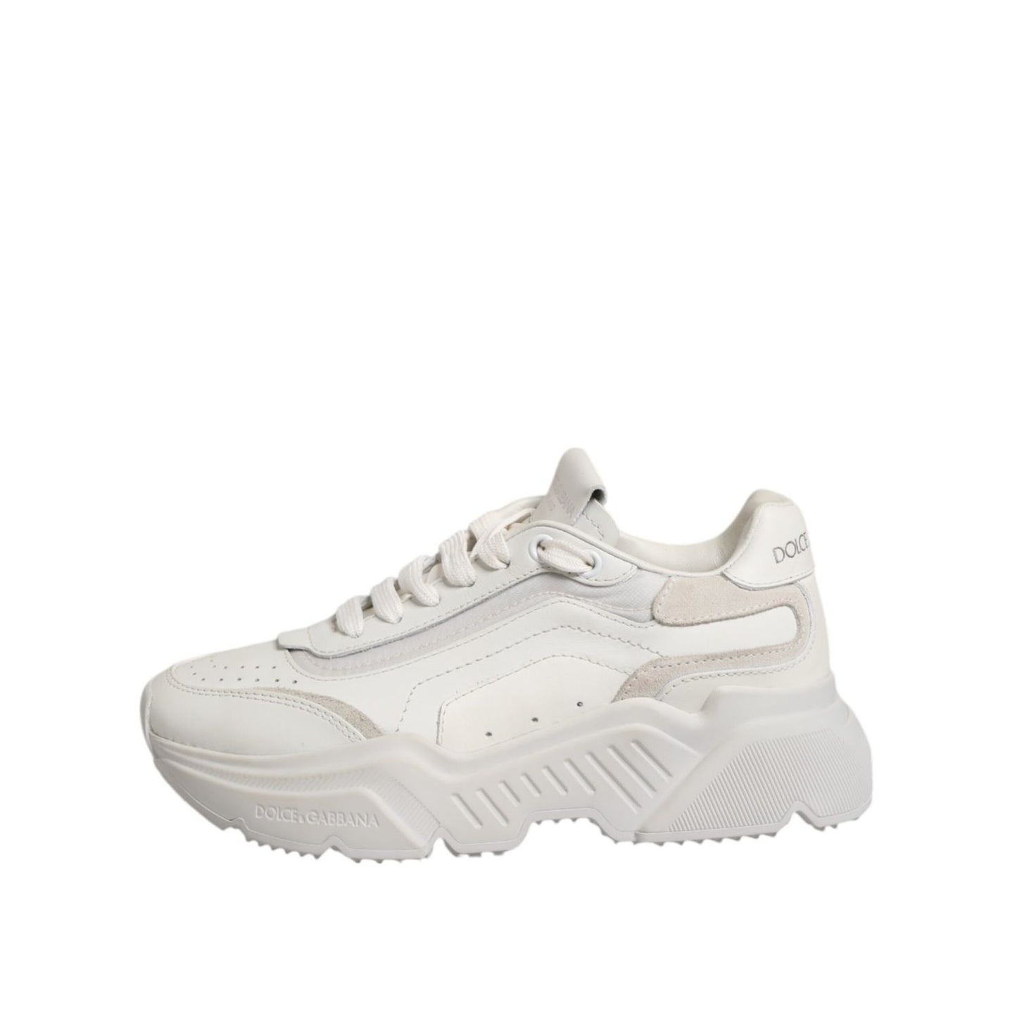 Dolce & Gabbana White Daymaster Low Top Sneaker Shoes in white calf leather, featuring rubber soles and lace-up closure, luxury street style.