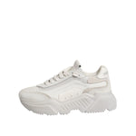 Dolce & Gabbana White Daymaster Low Top Sneaker Shoes in white calf leather, featuring rubber soles and lace-up closure, luxury street style.