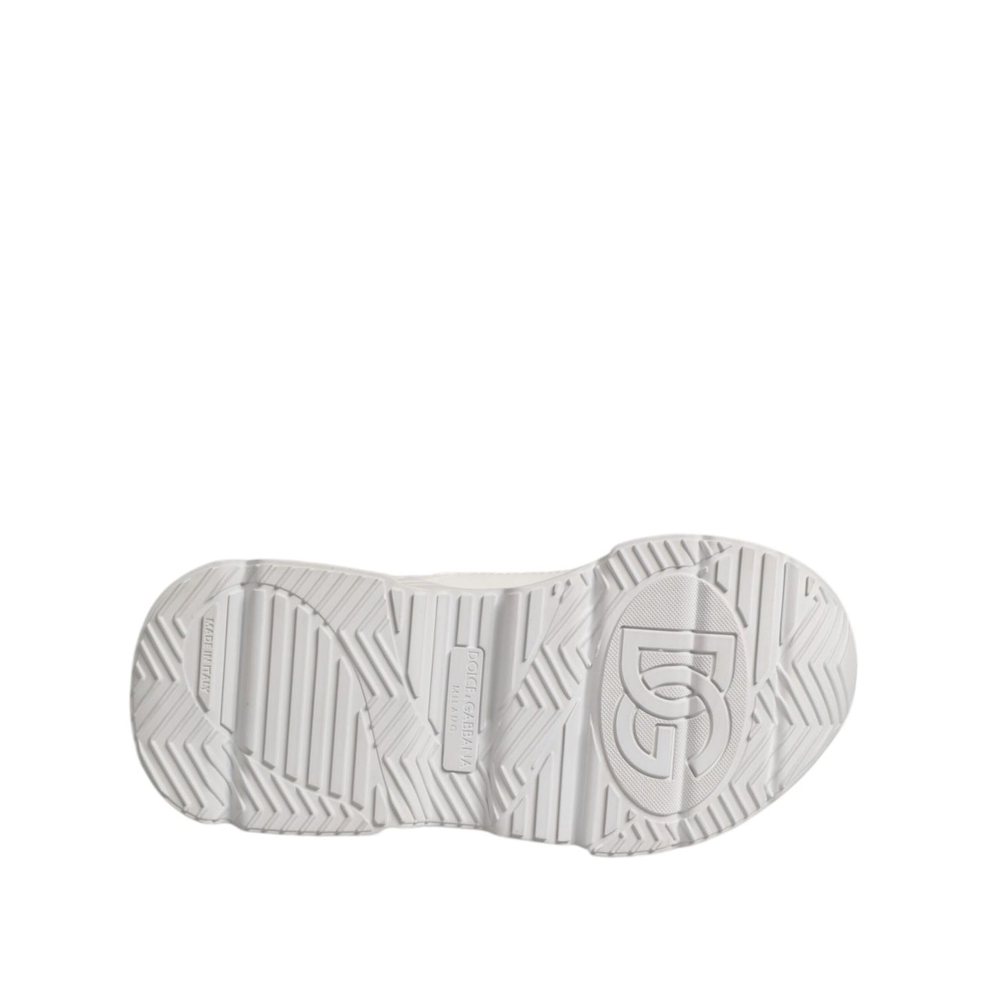 Bottom view of Dolce & Gabbana White Daymaster Low Top Sneaker Shoes showing rubber sole design with logo detailing.