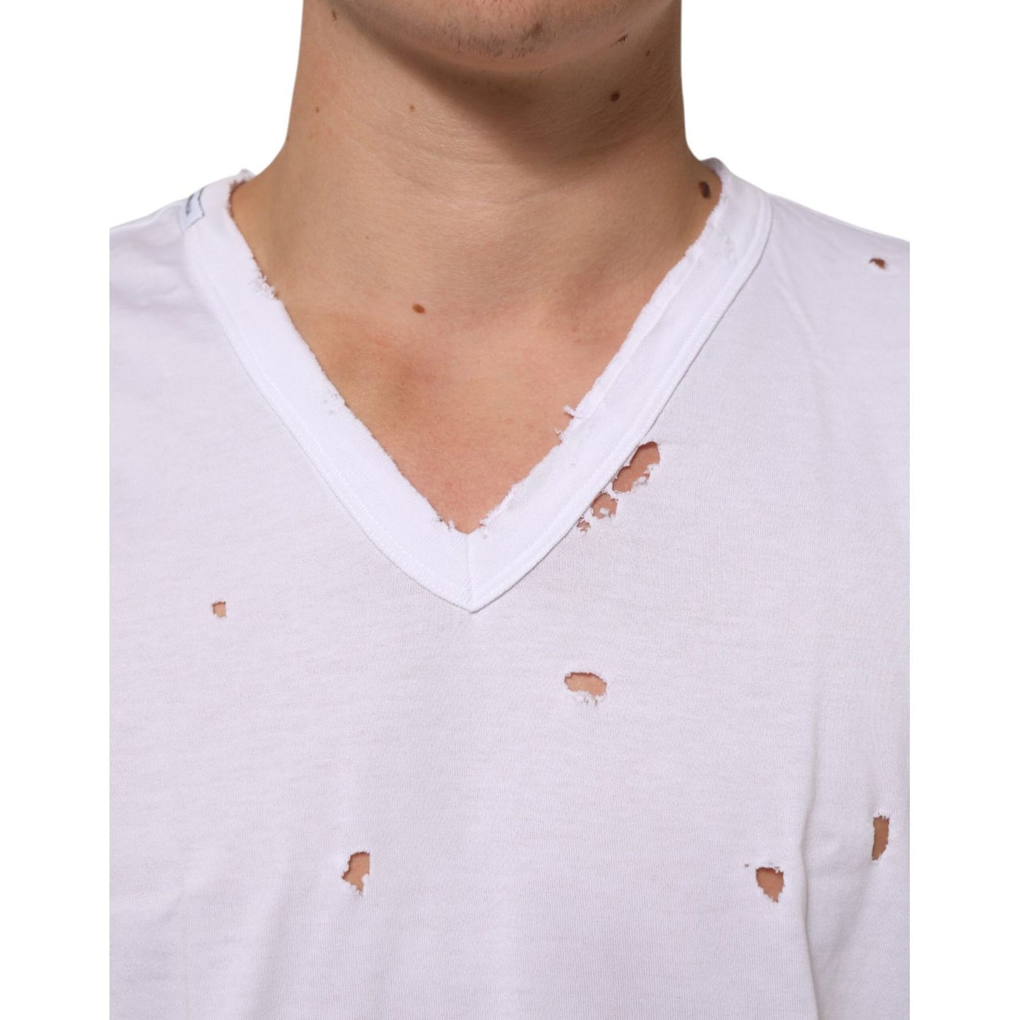 Dolce & Gabbana White Distressed Cotton V Neck Men T-shirt