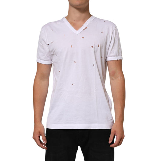 Dolce & Gabbana White Distressed Cotton V Neck Men T-shirt featuring a modern worn-in look, short sleeves, and classic Italian style.