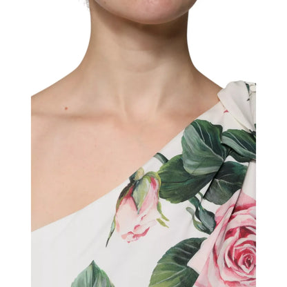 Dolce & Gabbana White Floral Silk One Shoulder Midi Dress