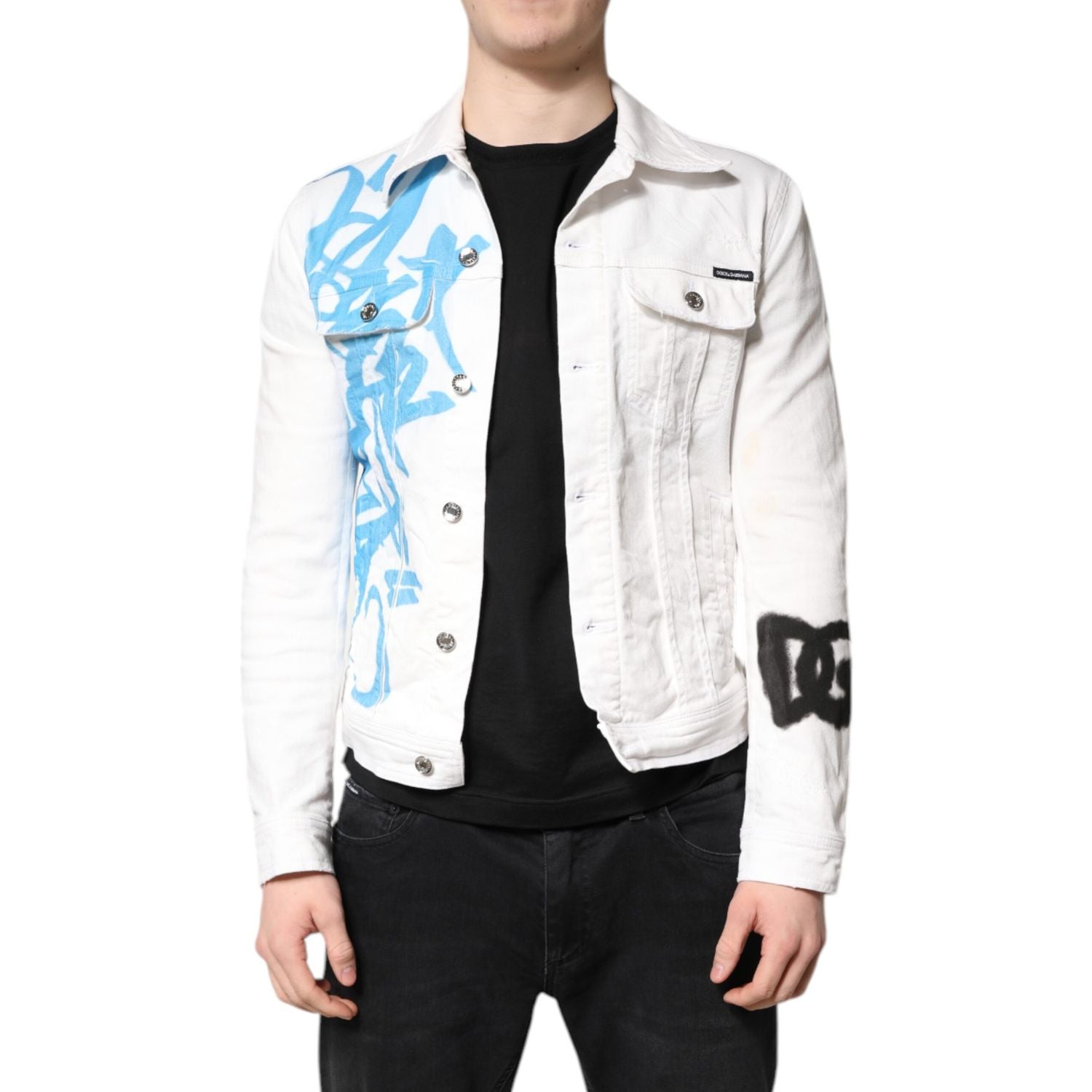 Dolce & Gabbana White Graffiti Cotton Stretch Denim Jacket