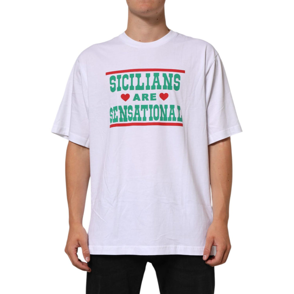 Dolce & Gabbana White Graphic Print Cotton CrewNeck T-shirt with 'Sicilians Are Sensational' slogan