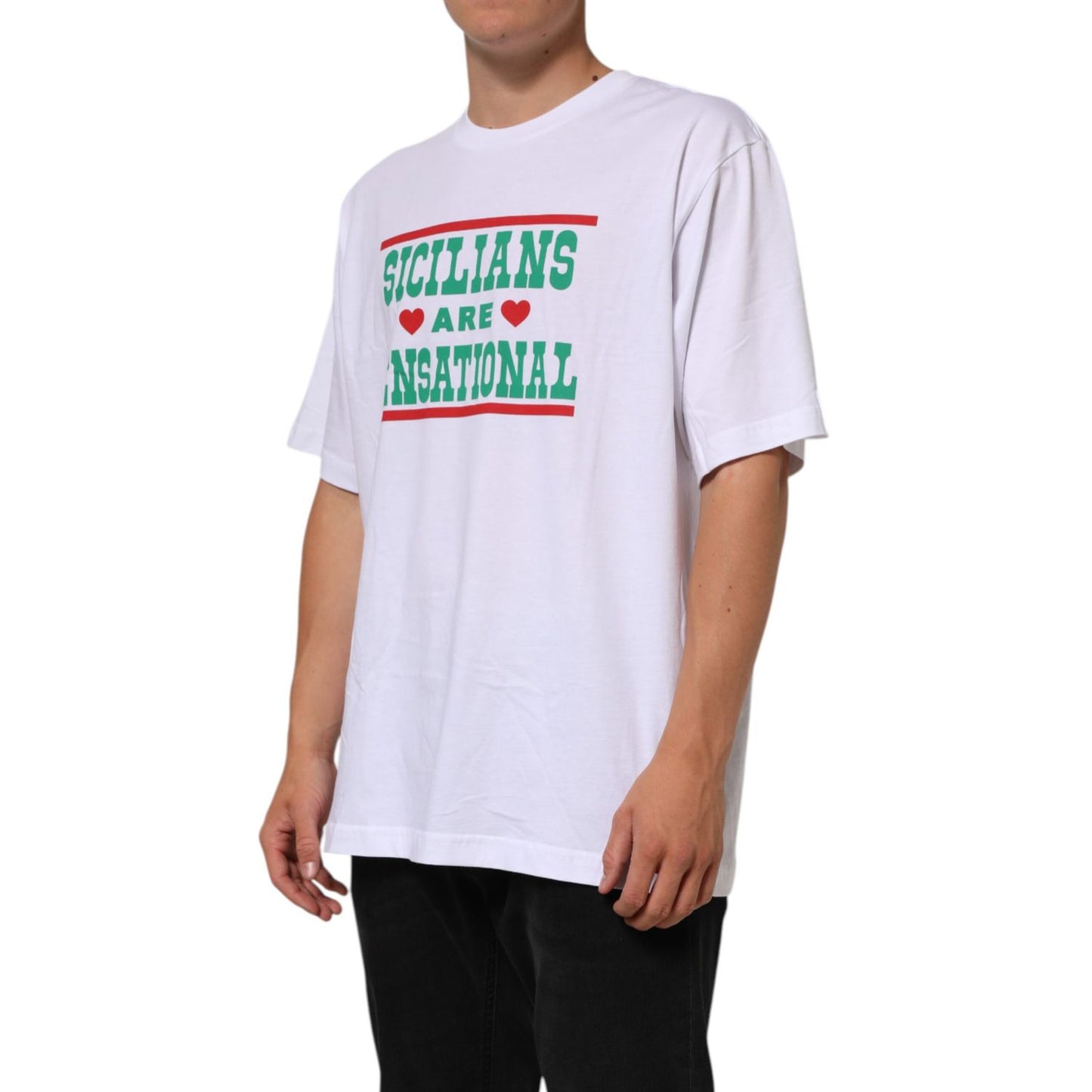 Dolce & Gabbana White Graphic Print Cotton CrewNeck T-shirt with green and red text on model's torso.