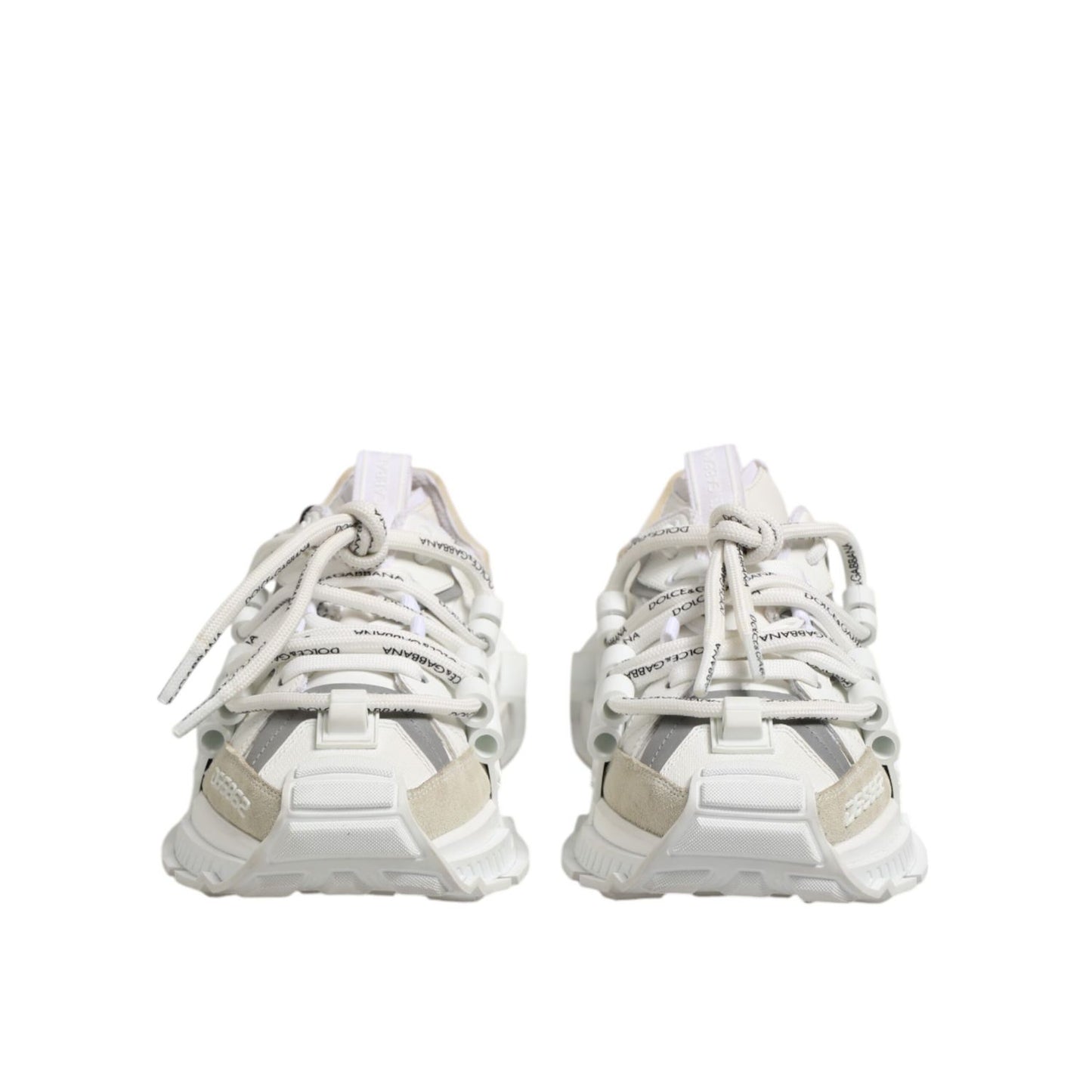 Dolce & Gabbana White Gray Low Top Space Sneakers Shoes displayed front view with lace-up closure and rubber sole, showcasing brand's luxurious design.