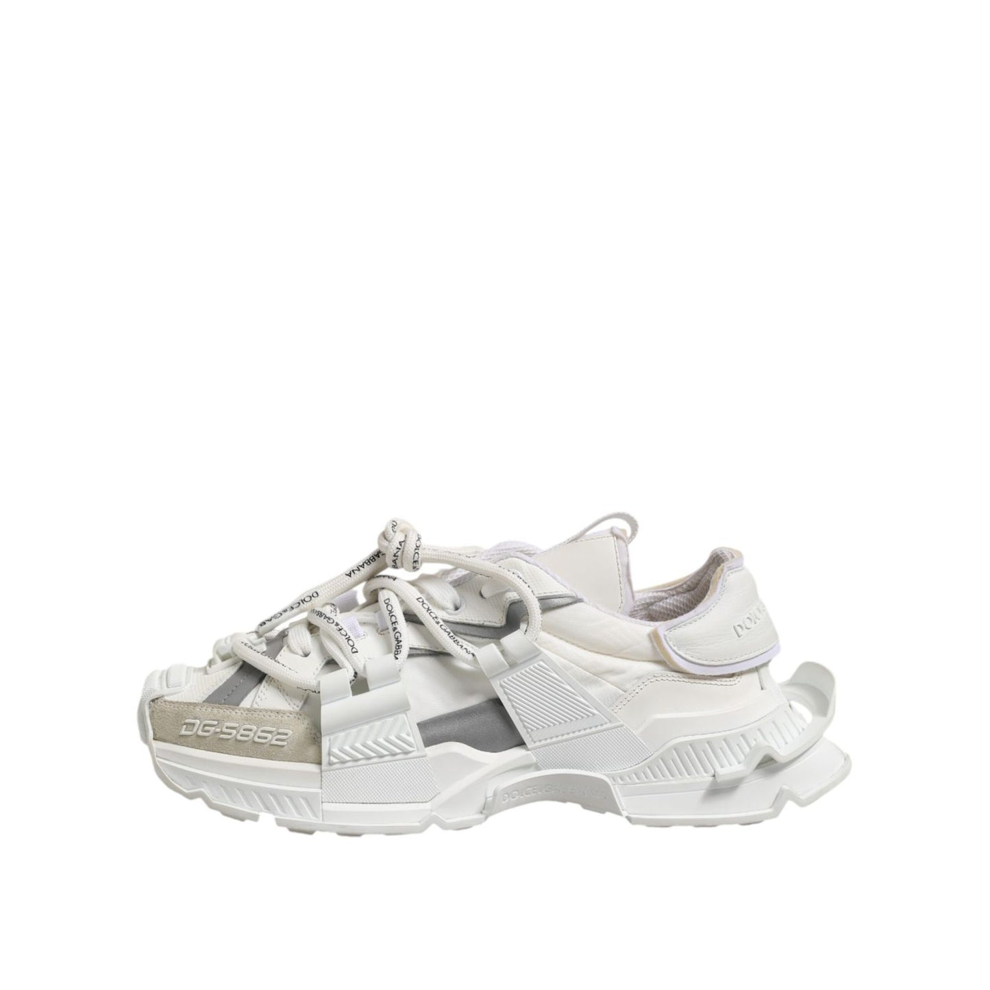 Dolce & Gabbana White Gray Low Top Space Sneakers Shoes with lace-up closure and logo details, made in Italy.