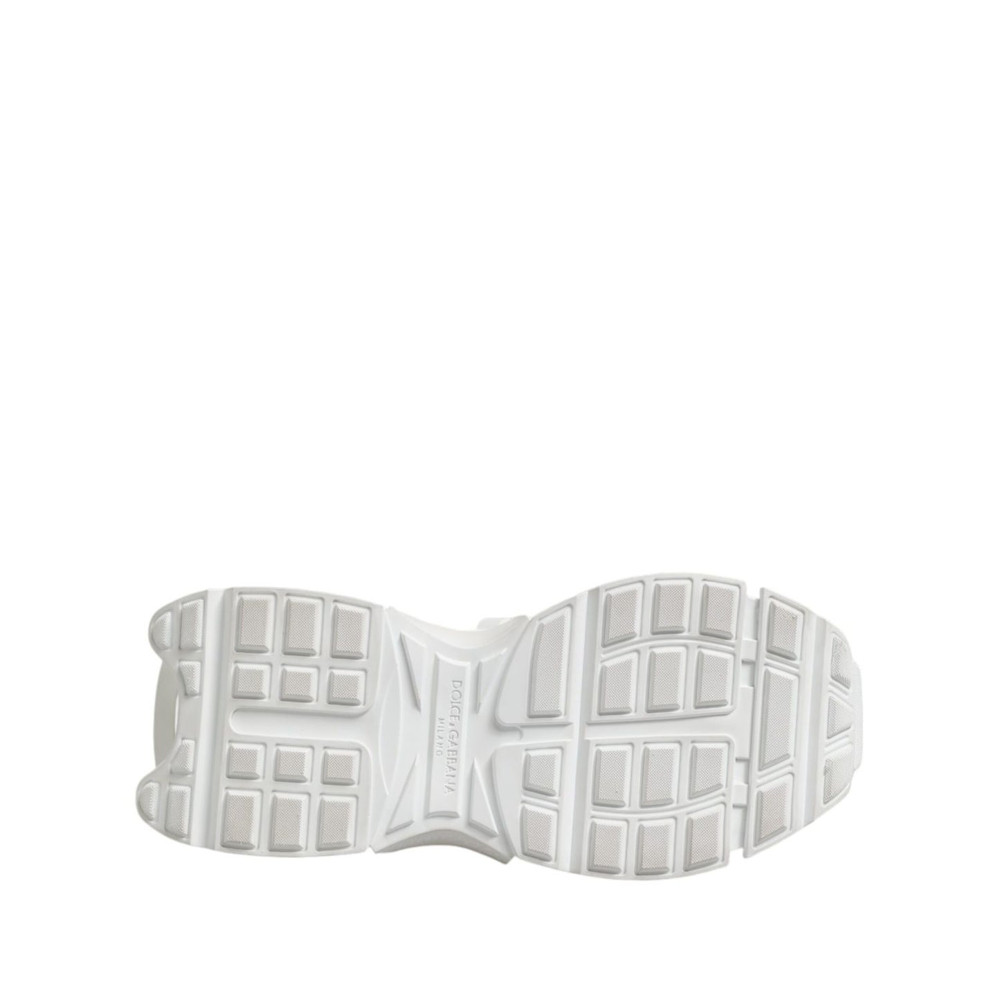 Sole view of Dolce & Gabbana White Gray Low Top Space Sneakers Shoes with rubber sole and logo detail.