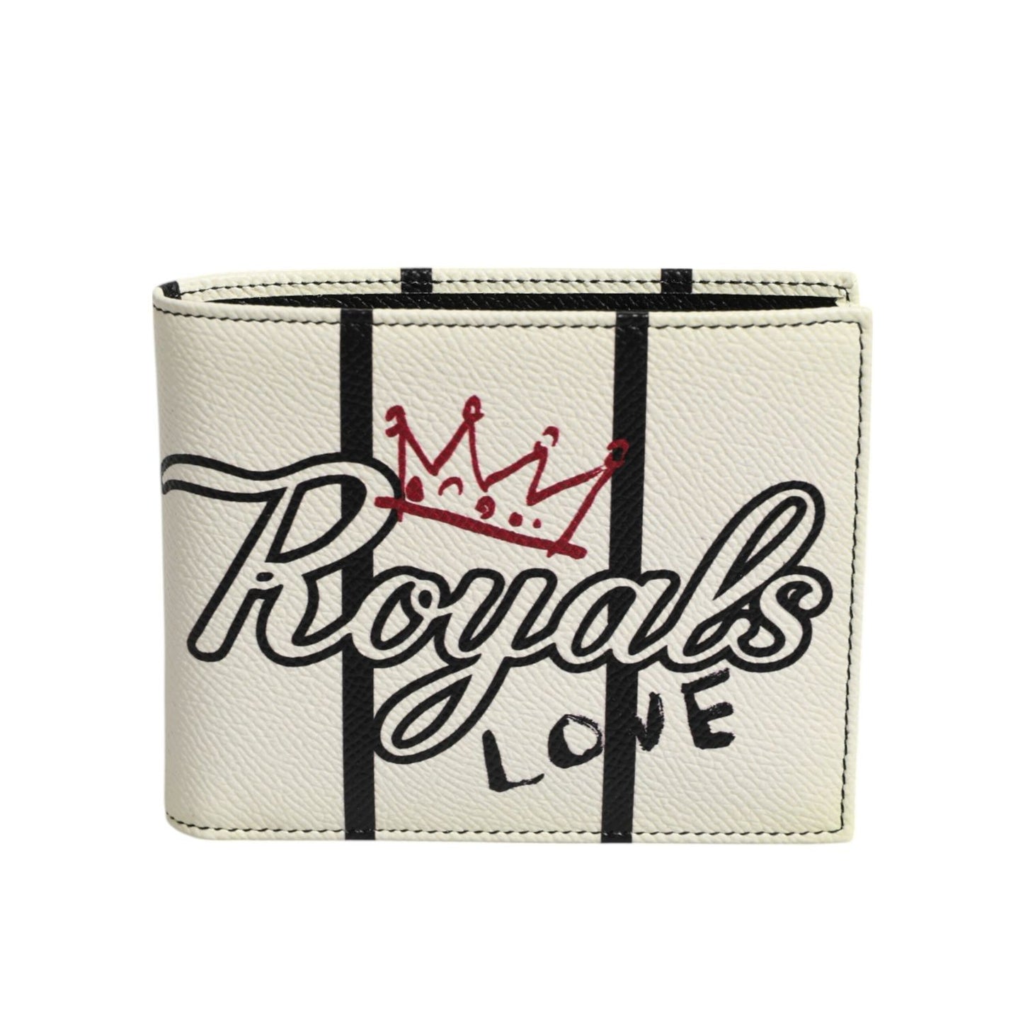 Dolce & Gabbana White Leather DG Crown Royals Bifold Card Holder Wallet with graphic print of crown and 'Royals Love' text