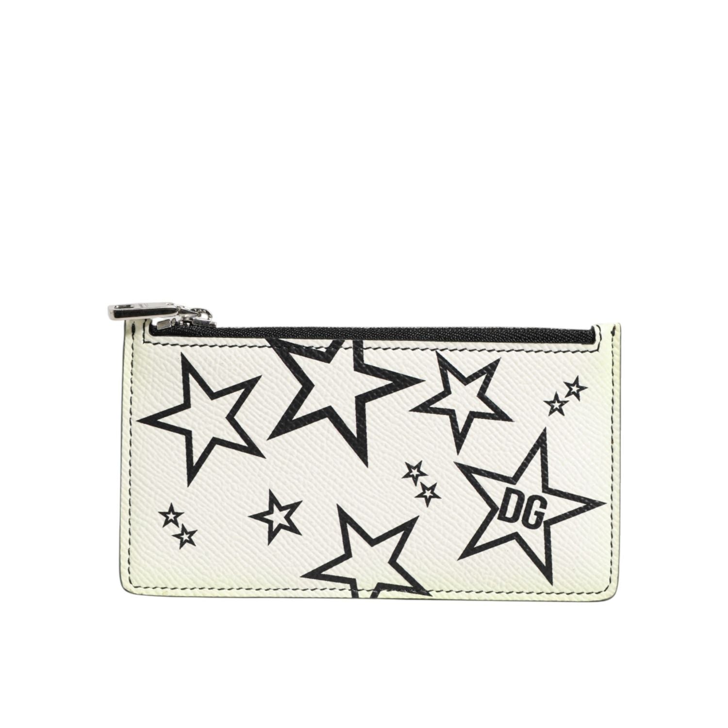 Dolce & Gabbana White Leather Douphin DG Logo Star Print Card Holder Wallet