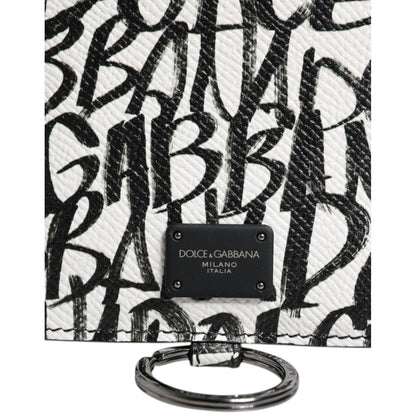 Dolce & Gabbana White Leather Lanyard Logo Print Card Holder Wallet