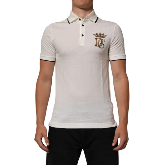Dolce & Gabbana White Logo Embroidery Cotton Polo T-shirt with short sleeves and embroidered chest logo on a model