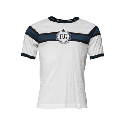 Dolce & Gabbana White Logo Print Cotton Men Crew Neck T-shirt with short sleeves and classic design, made in Italy.