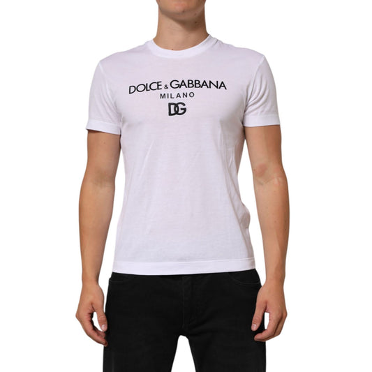 Dolce & Gabbana White Logo Print Cotton Men Crew Neck T-shirt, short-sleeve, worn by male model, fashion clothing, front view