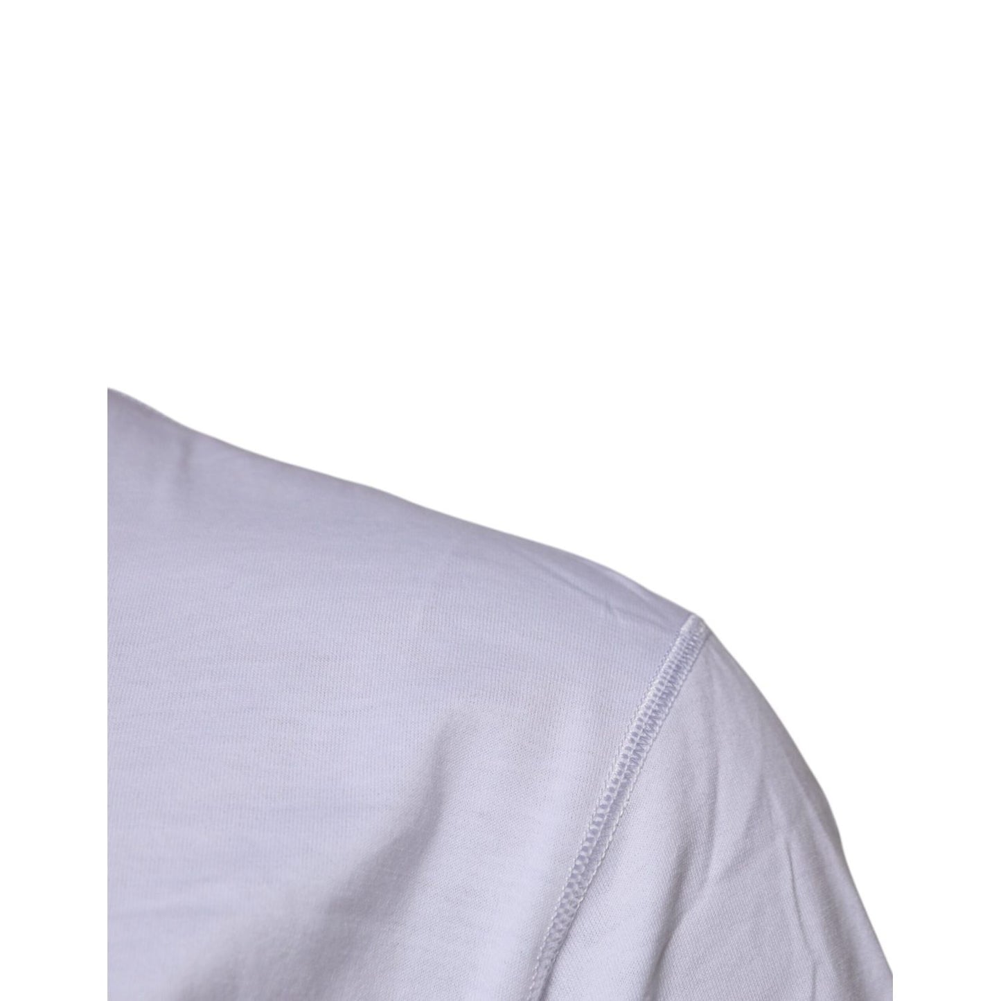 Shoulder view of Dolce & Gabbana White Logo Tape Cotton Crew Neck T-shirt for men, 100% cotton, made in Italy, close-up of fabric detail.
