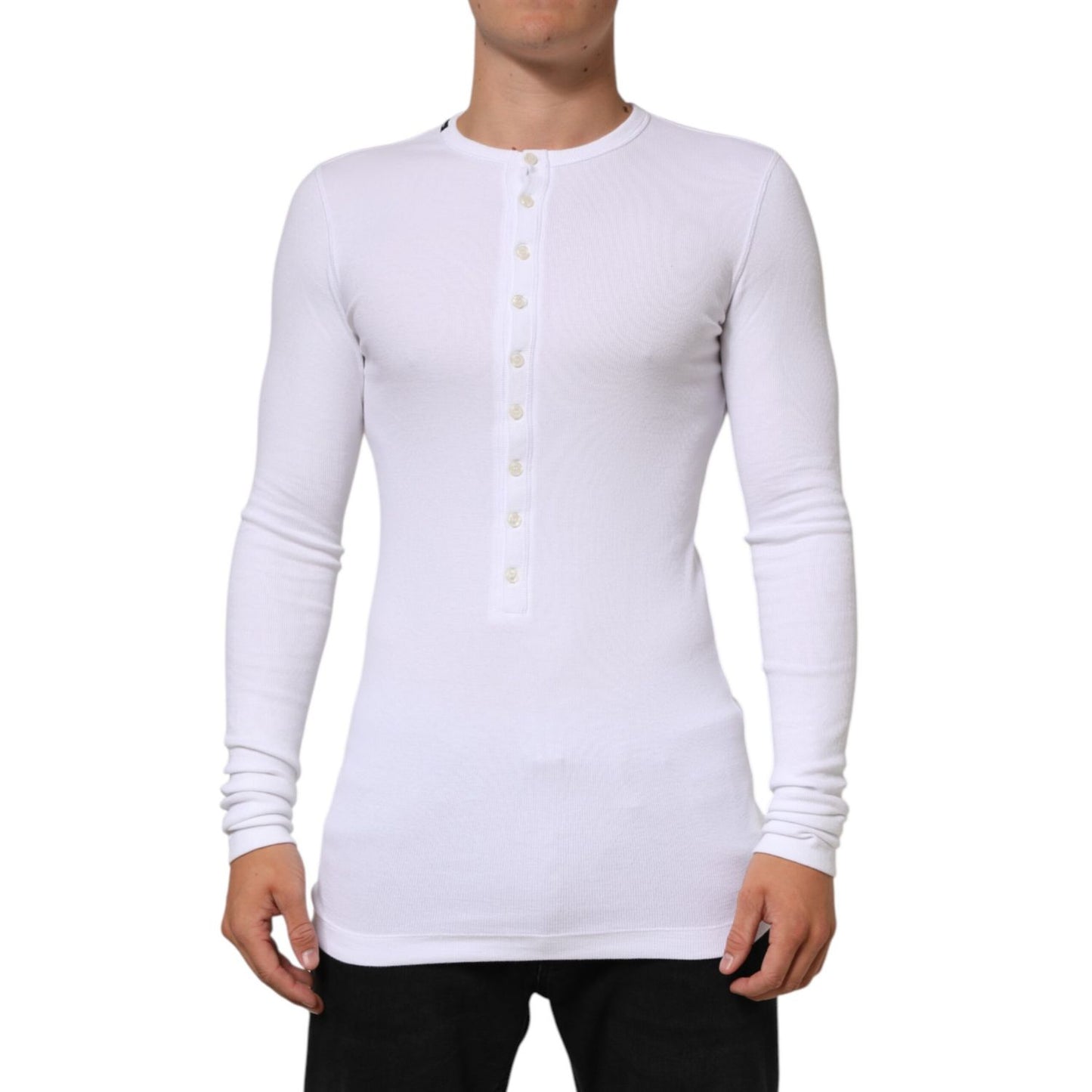 Dolce & Gabbana White Long Sleeves Button Closure T-shirt modeled, featuring soft cotton material and button-up neckline.