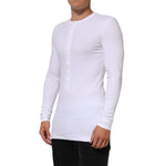 Dolce & Gabbana White Long Sleeves Button Closure T-shirt, men's cotton tee with minor sleeve discolorations, sophisticated casual style.