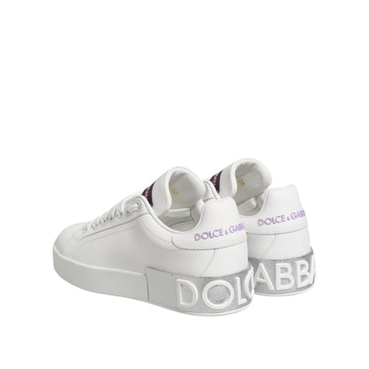 Dolce & Gabbana White Purple Leather Low Top Sneakers Shoes