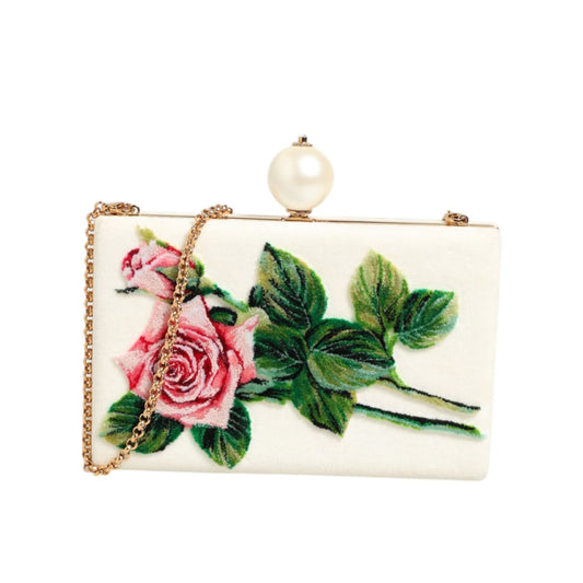 Dolce & Gabbana White Rose Embroidery Silk Gold Frame Clutch Purse Bag
