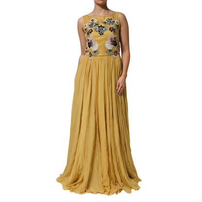 Dolce & Gabbana Yellow Silk Floral Embroidered Maxi Dress