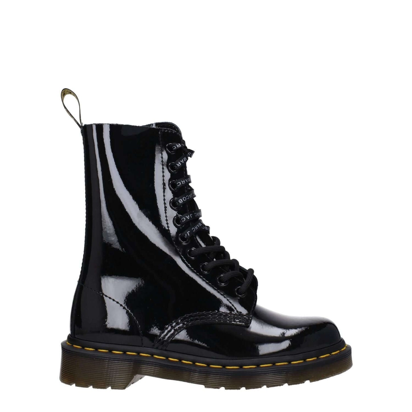 Dr. Martens Black Leather Ankle Boots with lace up closure, patent leather, rubber sole, round toe, and low flat heel.