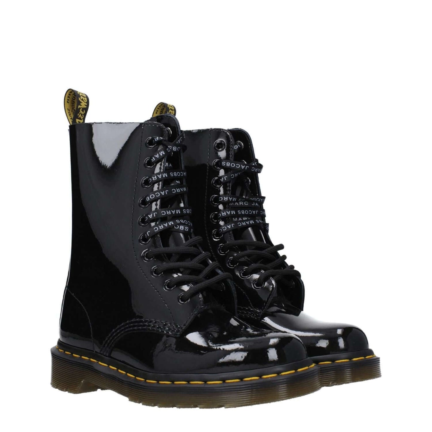 Dr. Martens Black Leather Ankle Boots in patent leather with lace-up closure and rubber sole, casual style with round toe and low, flat heel.