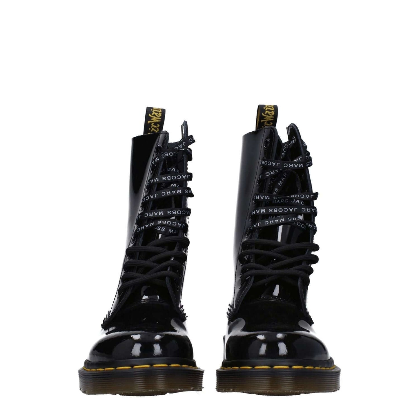 Dr. Martens Black Leather Ankle Boots with patent leather, lace-up closure, and round toe design, style code F78540.