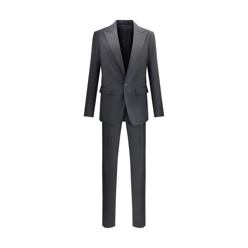 Dsquared² Black Fleece Wool Two-Piece Suit featuring peak lapels and tailored trousers, London virgin wool, classic style.