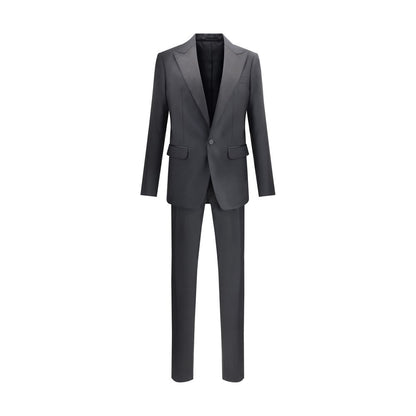 Dsquared² Black Fleece Wool Two-Piece Suit featuring peak lapels and tailored trousers, London virgin wool, classic style.