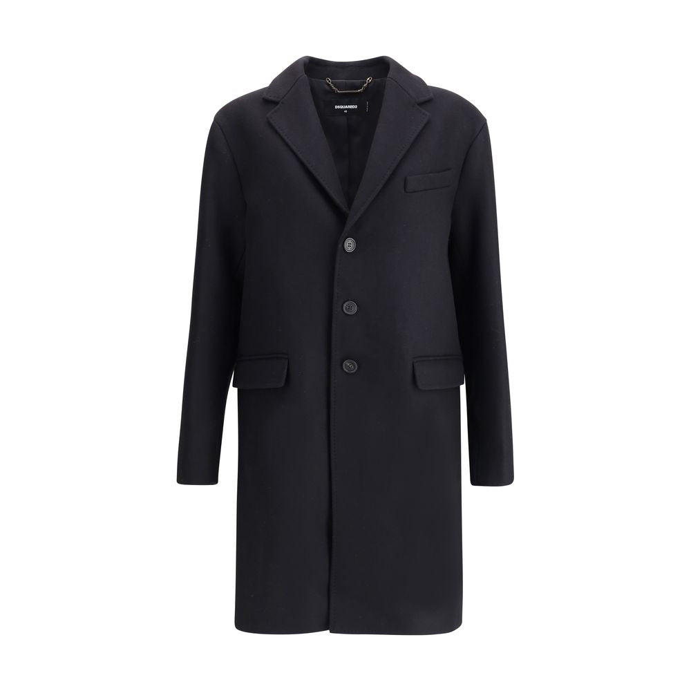 Dsquared² Black Wool Coat, elegant single-breasted design, felted wool with monogrammed lining, front button closure, long sleeves, pockets.
