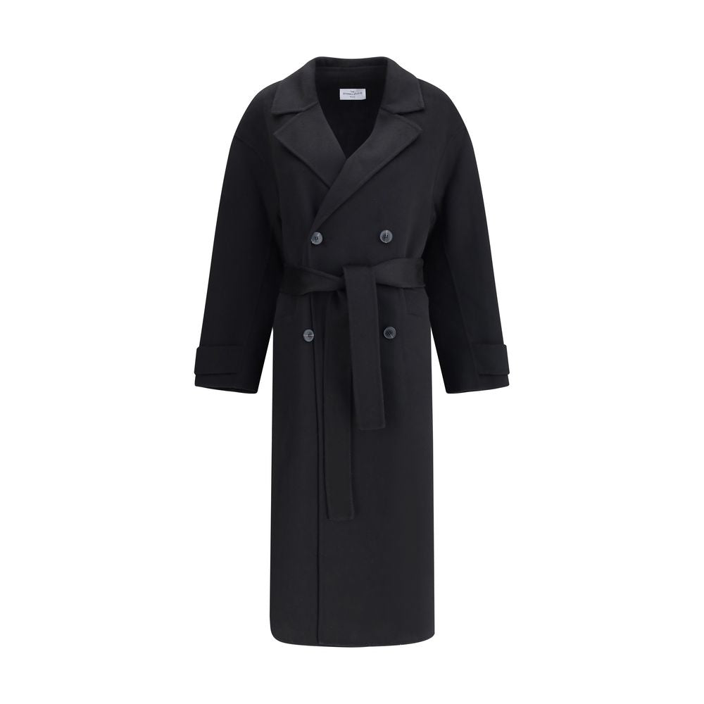 Dynamis Studio Black Wool Coat with double-breasted design, lapels, front button closure, and belt for elegant silhouette in 100% wool