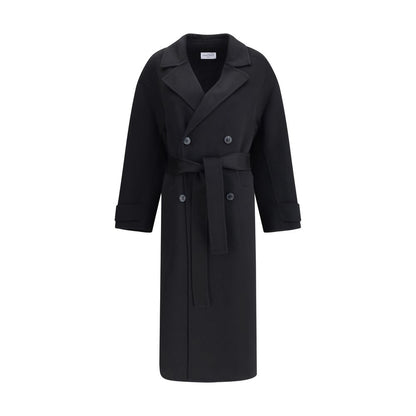 Dynamis Studio Black Wool Coat with double-breasted design, lapels, front button closure, and belt for elegant silhouette in 100% wool