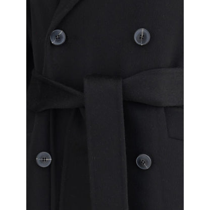 Close-up of Dynamis Studio Black Wool Coat with buttons and belt, showcasing double-breasted design and refined style.