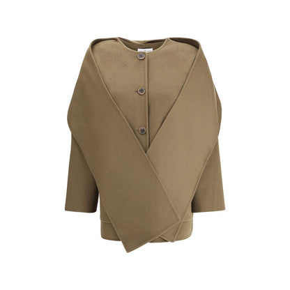 Dynamis Studio Brown Wool Coat with scarf, button closure, patch pockets, versatile design, AW25, oversized fit, 100% wool.