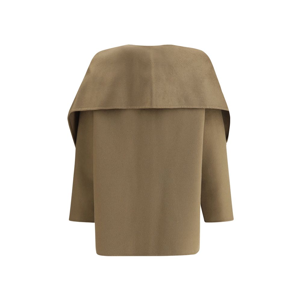 Rear view of Dynamis Studio Brown Wool Coat with removable scarf panel, oversized fit, and crew neck.