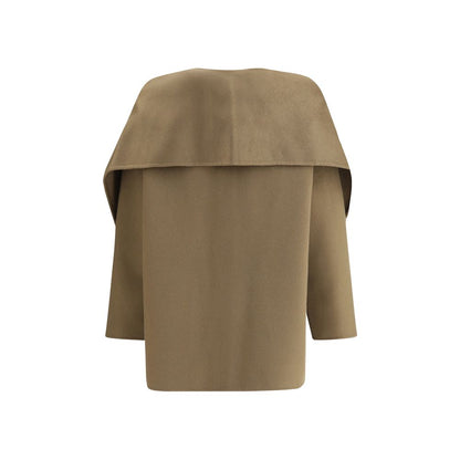 Rear view of Dynamis Studio Brown Wool Coat with removable scarf panel, oversized fit, and crew neck.