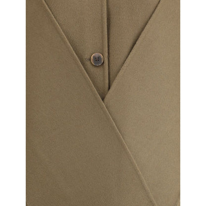 Close-up of the Dynamis Studio Brown Wool Coat with button detail and wool texture, featuring a clean design and oversize fit.