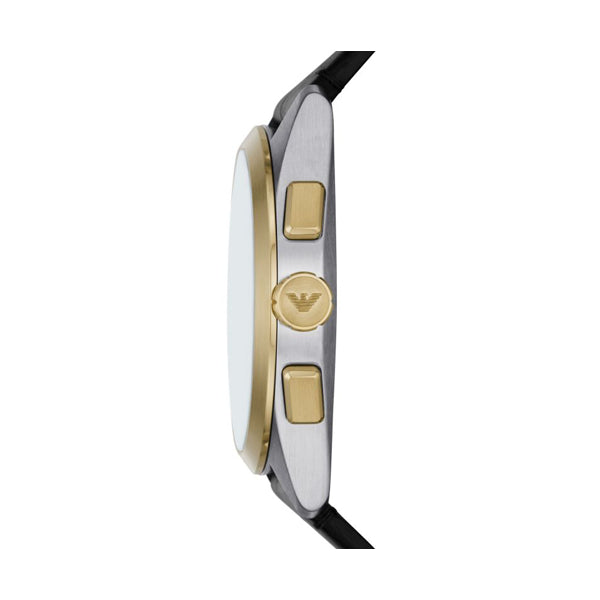 Side view of EMPORIO ARMANI MOD. AR11498 showcasing stainless steel case and leather strap