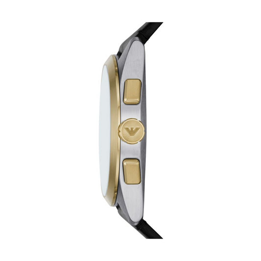 Side view of EMPORIO ARMANI MOD. AR11498 stainless steel and leather strap men's watch with gold accents and mineral dial.