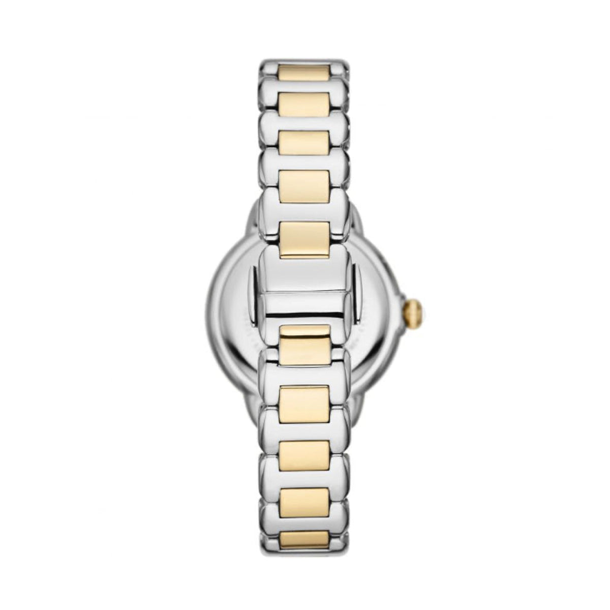 EMPORIO ARMANI Mod. MIA stainless steel bracelet detail, 5 ATM water resistant ladies wristwatch with mother of pearl dial.