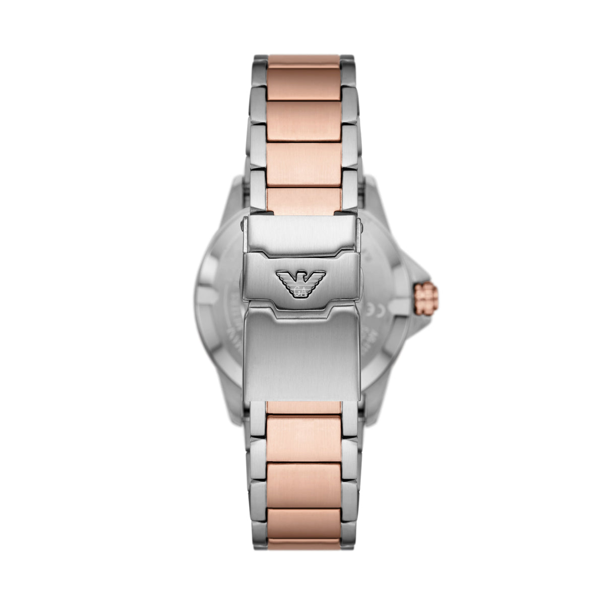 Back view of EMPORIO ARMANI Mod. WORLD EXPLORER - Diver GMT watch showing stainless steel and rose gold bracelet design.