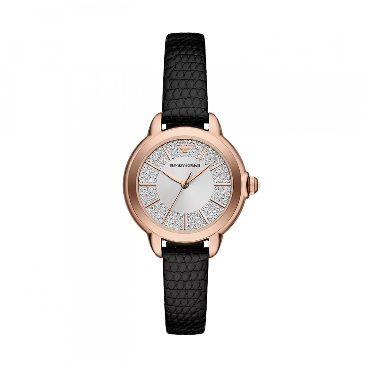 Luxury EMPORIO ARMANI WATCHES Mod. AR11631 for ladies, 32mm case, official packaging, elegant design with black strap and rose gold accents.