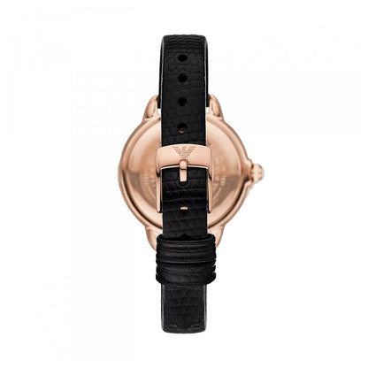 Rear view of EMPORIO ARMANI WATCHES Mod. AR11631 lady's wristwatch with black leather strap and rose gold case, 32 mm, in official packaging.