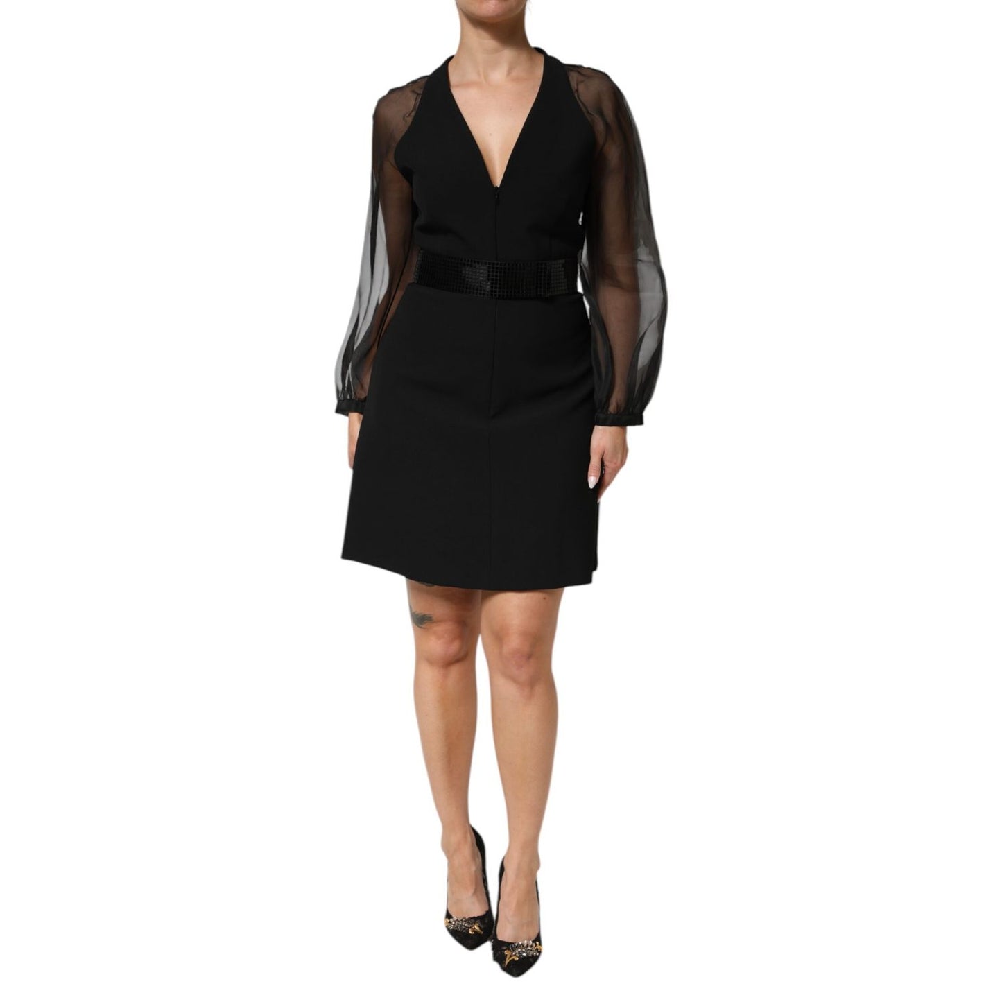 Emporio Armani Black Sheer Sleeve Belted V-Neck Mini Dress