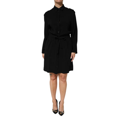 Emporio Armani Black Viscose Blend Shirt Style Belted Dress