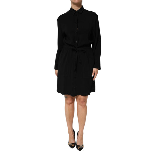 Emporio Armani Black Viscose Blend Shirt Style Belted Dress with long sleeves and button closure.