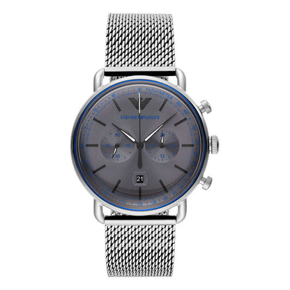 Emporio Armani Sophisticated Silver Steel Chronograph Watch with grey dial on mesh strap