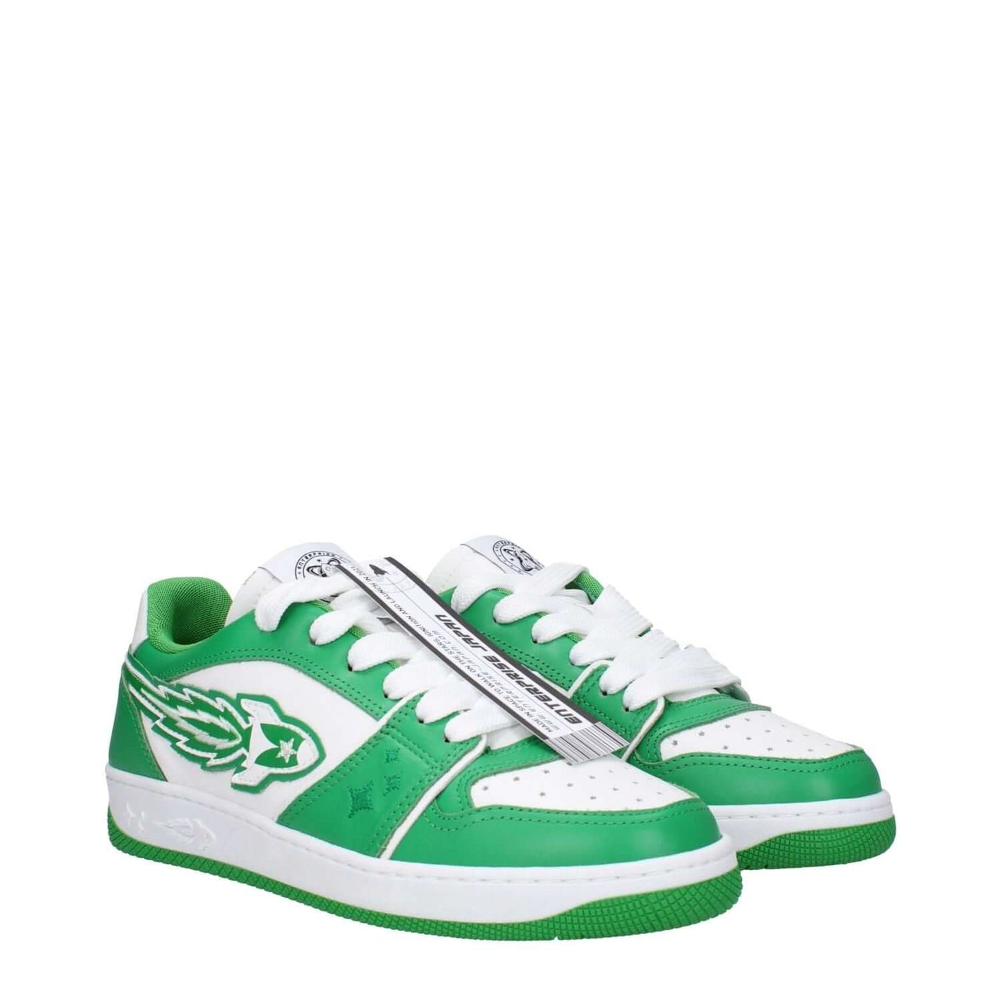 Enterprise Japan Green Leather Low Top Sneakers with front logo, casual style, lace-up closure, rubber sole, and white accents.